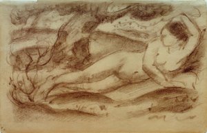 Desnudo femenino reclinado en paisaje